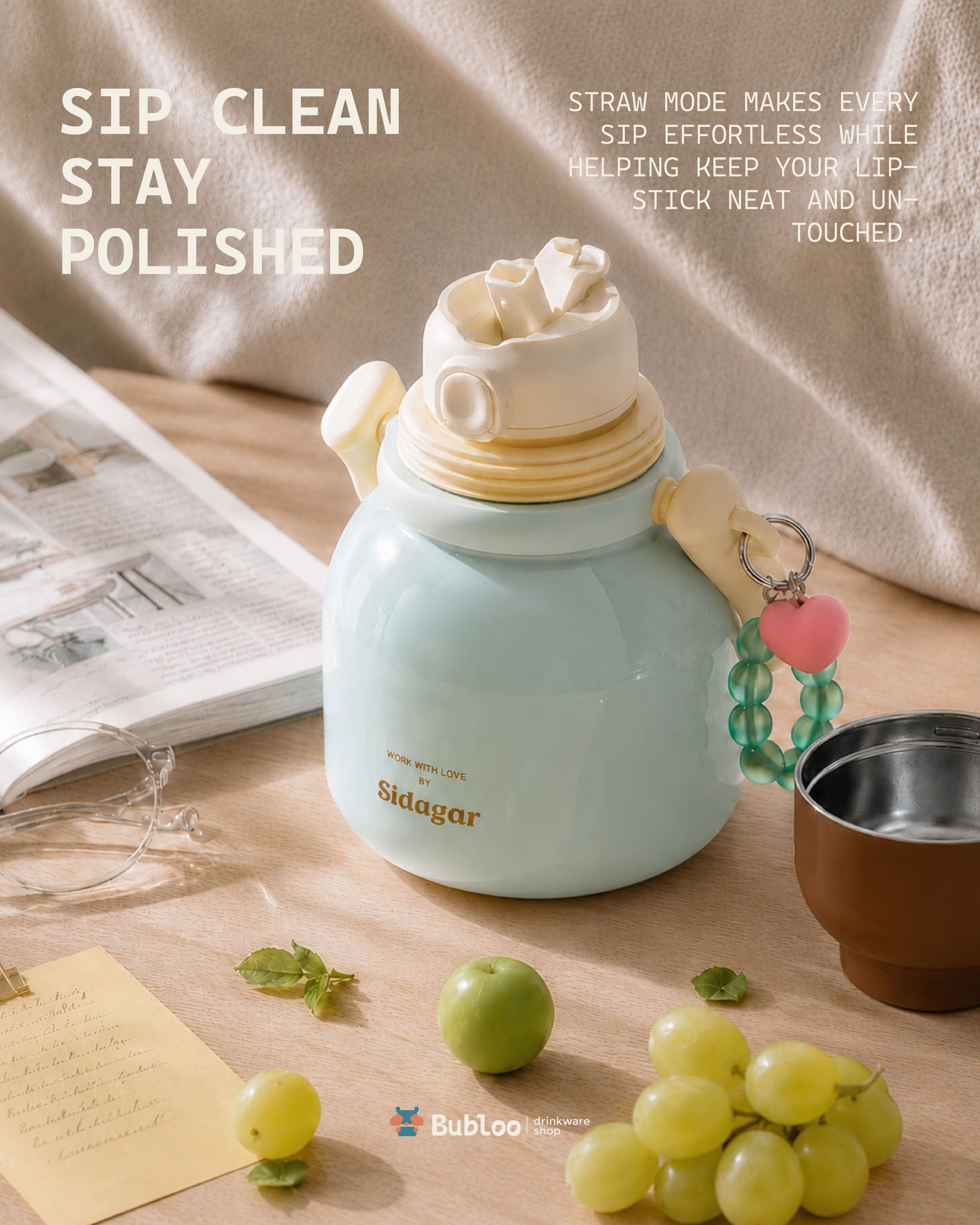 Fulu Water Bottle with Straw Cap - Mint Blue