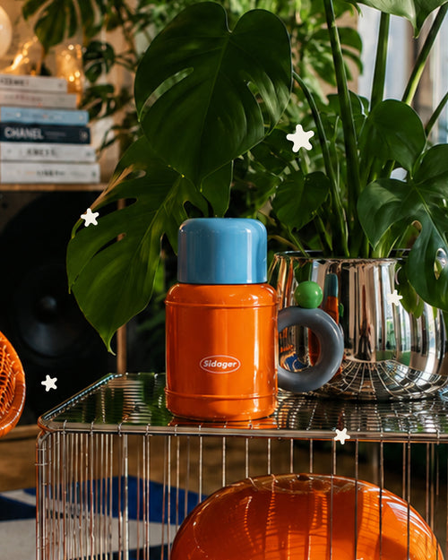 Retro Travel Mug with Straw Cap - Blue/Orange